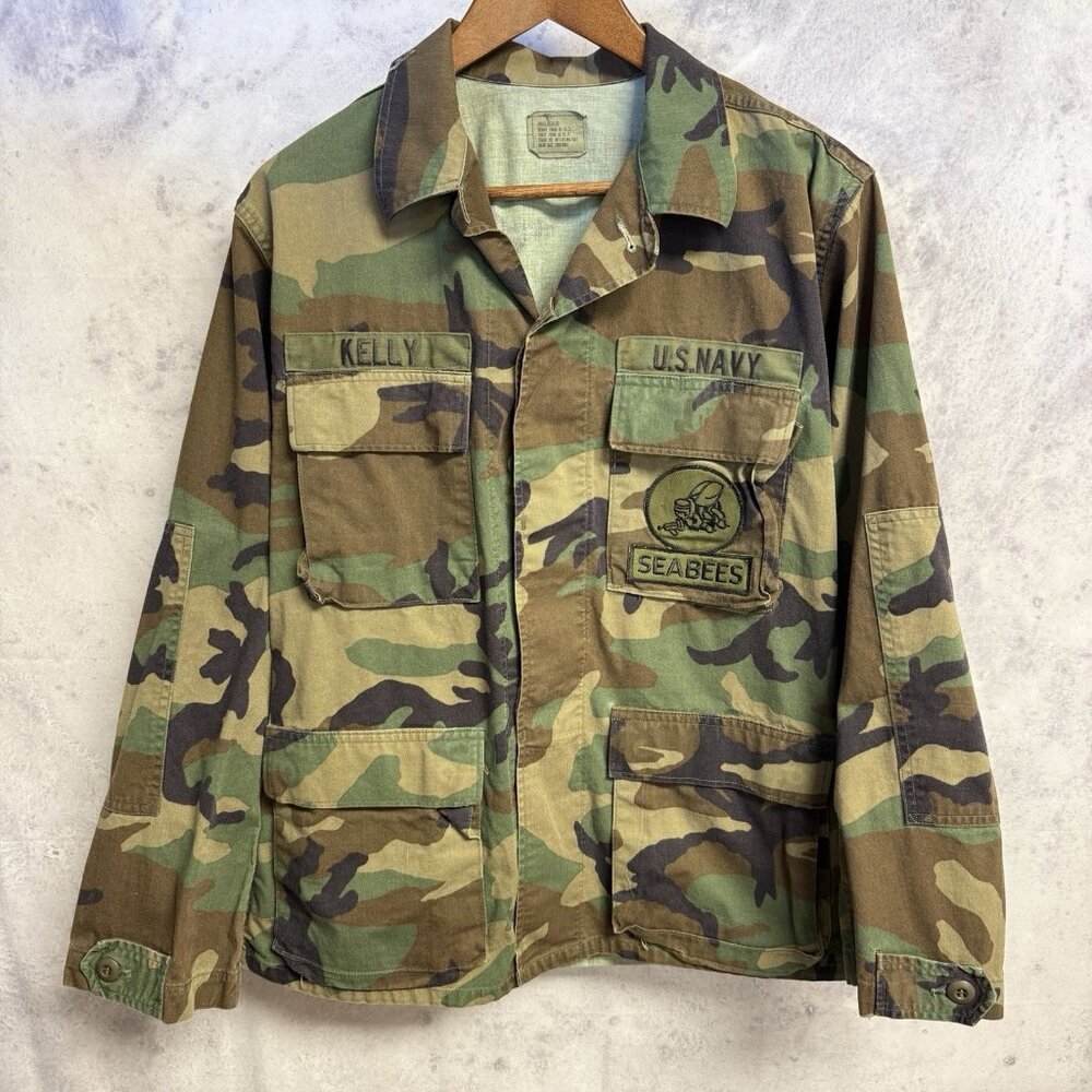 Vintage US Navy Seabees Military Camouflage Jacket Woodland Combat Mens Small